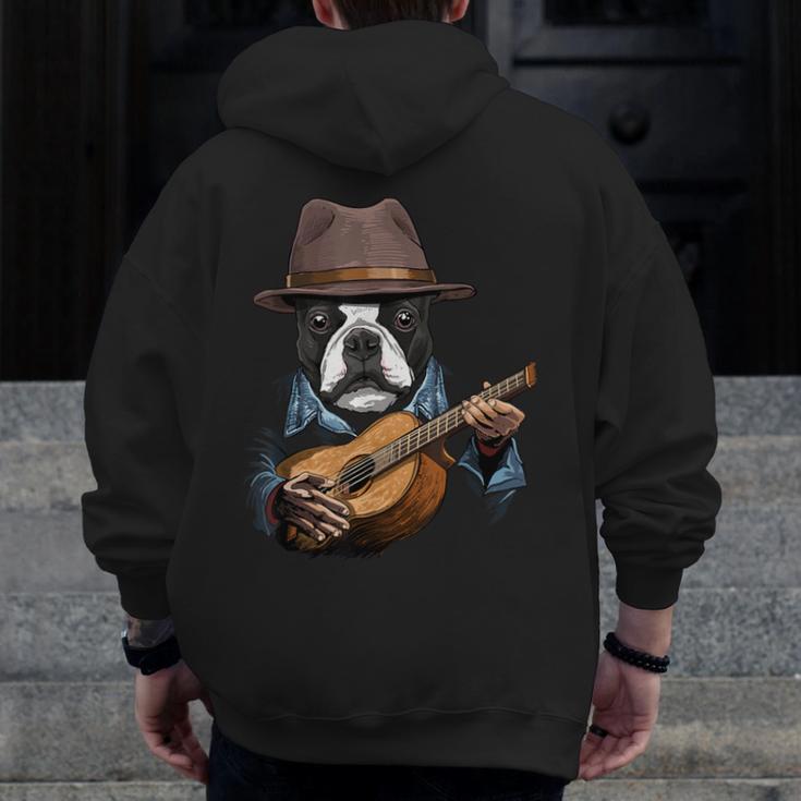 Guitar Shirt Boston Terrier Dog Playing Acoustic Guitar Men Zip Up Hoodie Back Print, funny design
