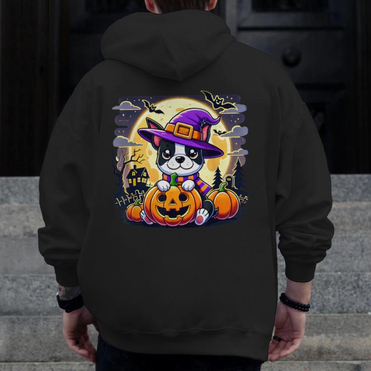 Halloween Boston Terrier Dog Breed With Jack O' Lantern Art Men Zip Up Hoodie Back Print, Boston Terrier Halloween Gifts, funny design