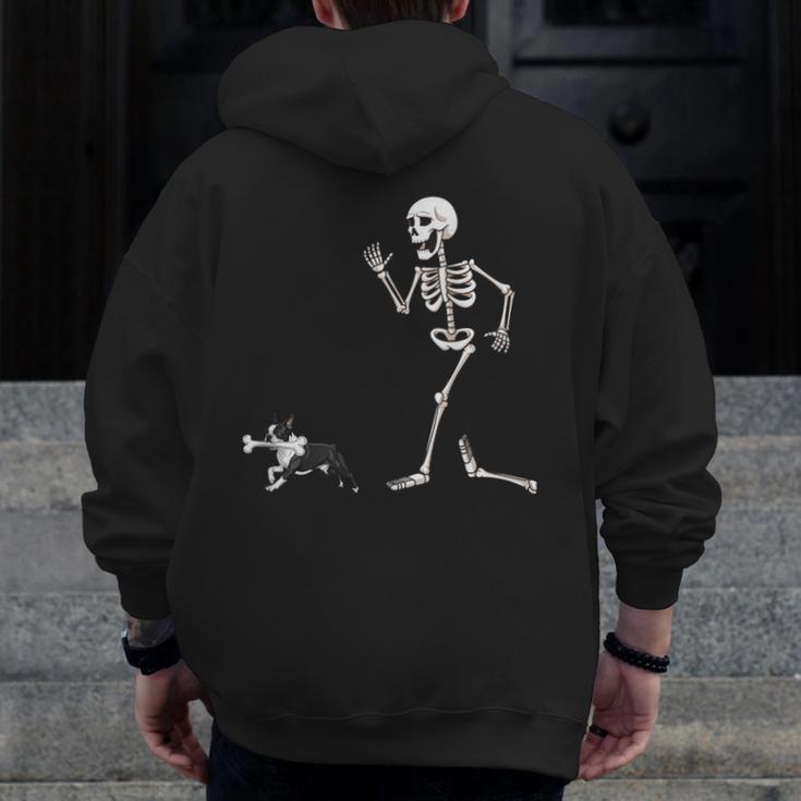 Halloween Boston Terrier And Skeleton Men Zip Up Hoodie Back Print, Boston Terrier Halloween Gifts, funny design