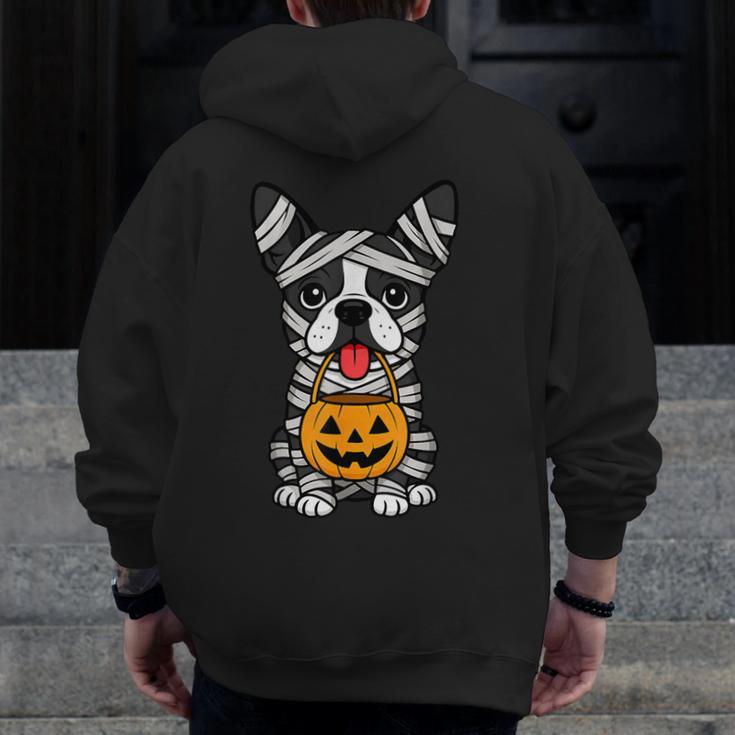 Halloween Dog Boston Terrier Mummy Costume Men Women Kids Men Zip Up Hoodie Back Print, Boston Terrier Halloween Gifts, funny design
