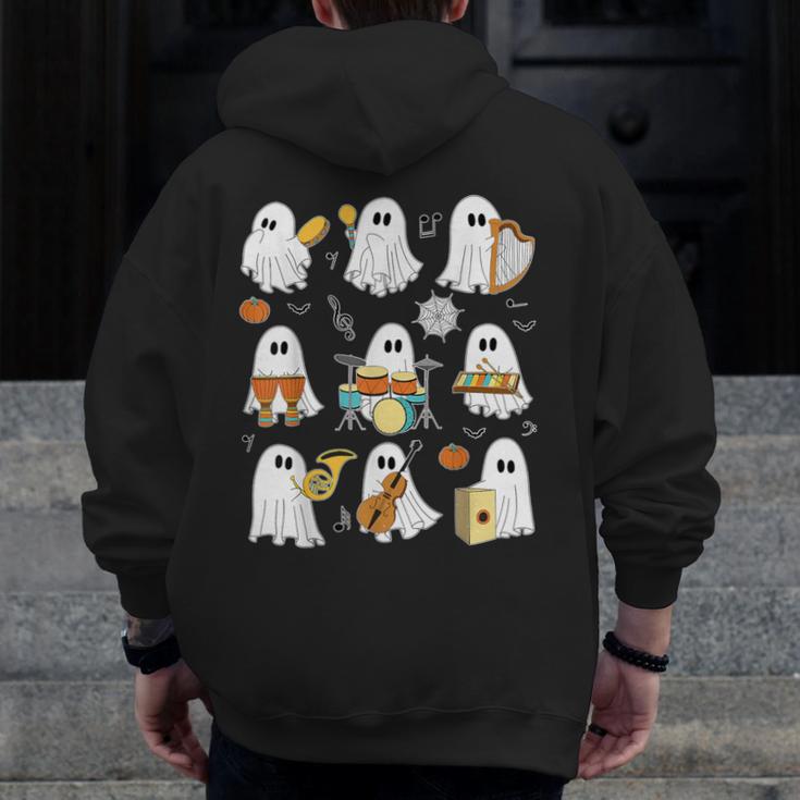Halloween Ghost Music Teacher Playing Instruments Men Zip Up Hoodie Back Print, funny design