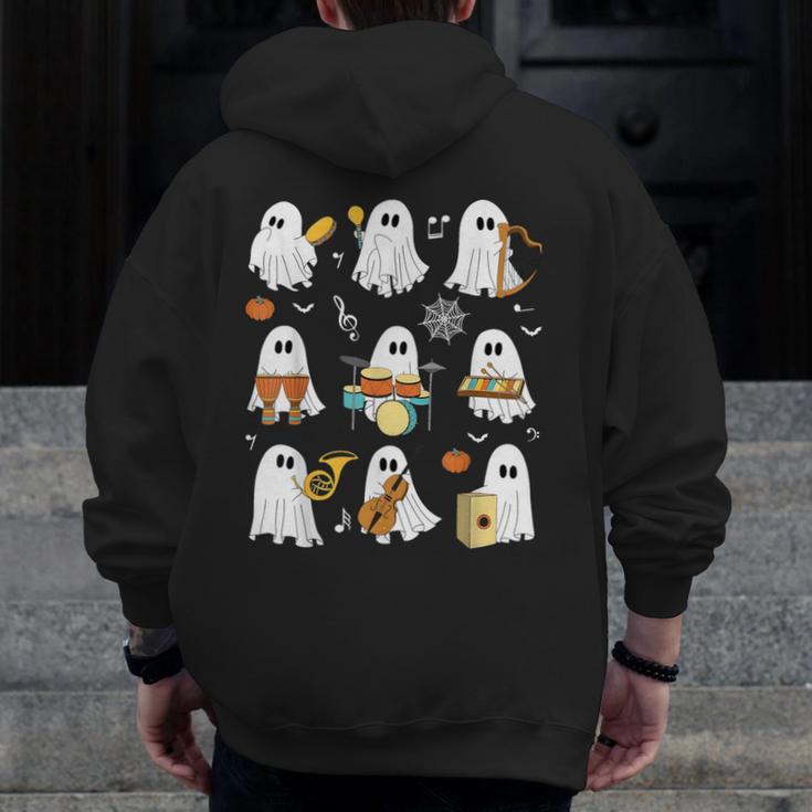 Halloween Ghost Playing Musical Instruments Music Teacher Men Zip Up Hoodie Back Print, funny design