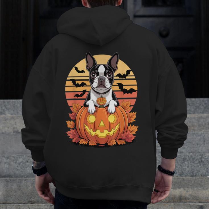 Halloween Retro Boston Terrier Men Zip Up Hoodie Back Print, Boston Terrier Halloween Gifts, funny design