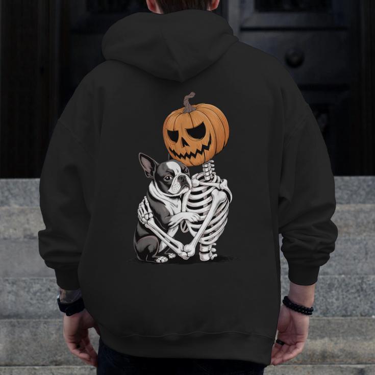 Halloween Skeleton Boston Terrier Men Zip Up Hoodie Back Print, Boston Terrier Halloween Gifts, funny design