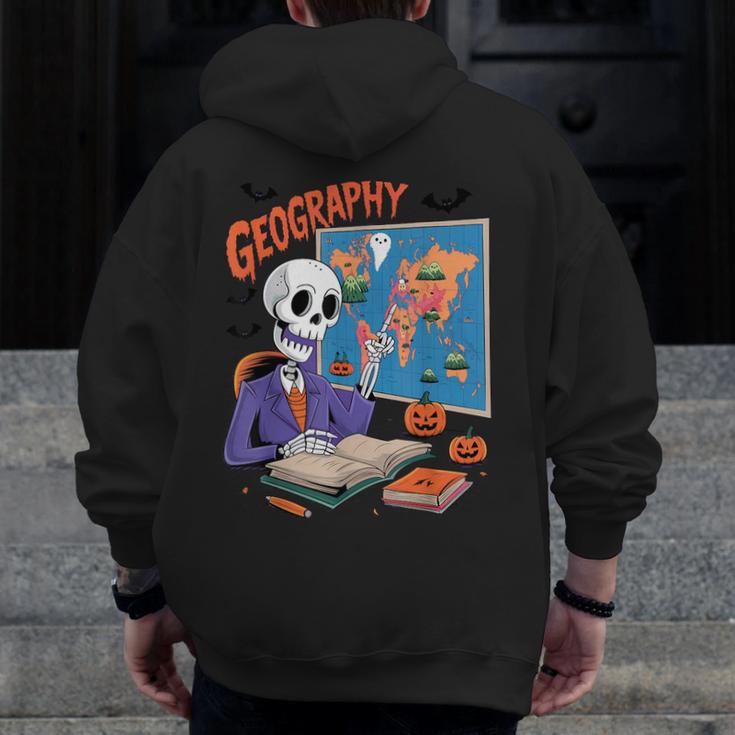 Halloween Skeleton Geography Teacher Pumpkin Bats Classroom Men Zip Up Hoodie Back Print, funny design