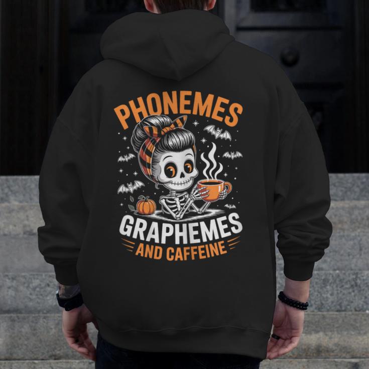 Halloween Skeleton Teacher Phonemes Graphemes Caffeine Lover Men Zip Up Hoodie Back Print, funny design