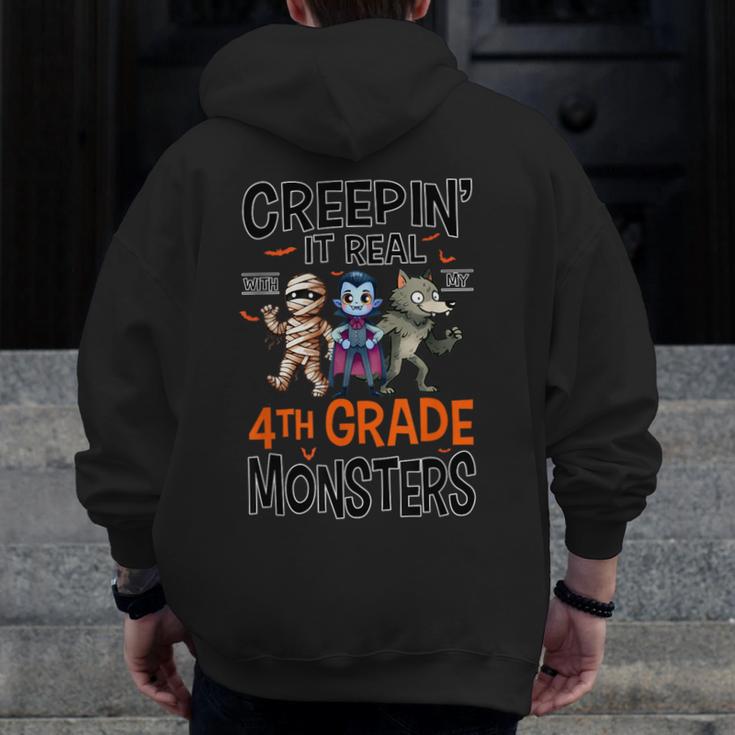 Halloween Teacher Creepin It Real With My 4th Grade Monsters Men Zip Up Hoodie Back Print, 4th Grade Teacher Gifts, funny design Halloween Teacher Creepin It Real With My 4th Grade Monsters Men Zip Up Hoodie Back Print, 4th Grade Teacher Gifts, funny design