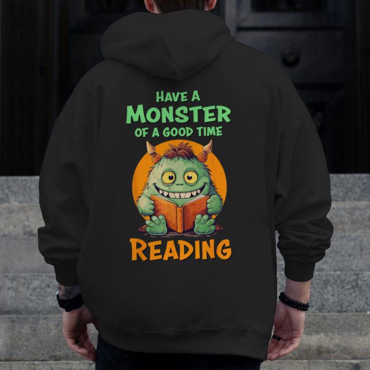 Halloween Teacher Librarian Monster Reading Books Men Women Kids Men Zip Up Hoodie Back Print, funny design