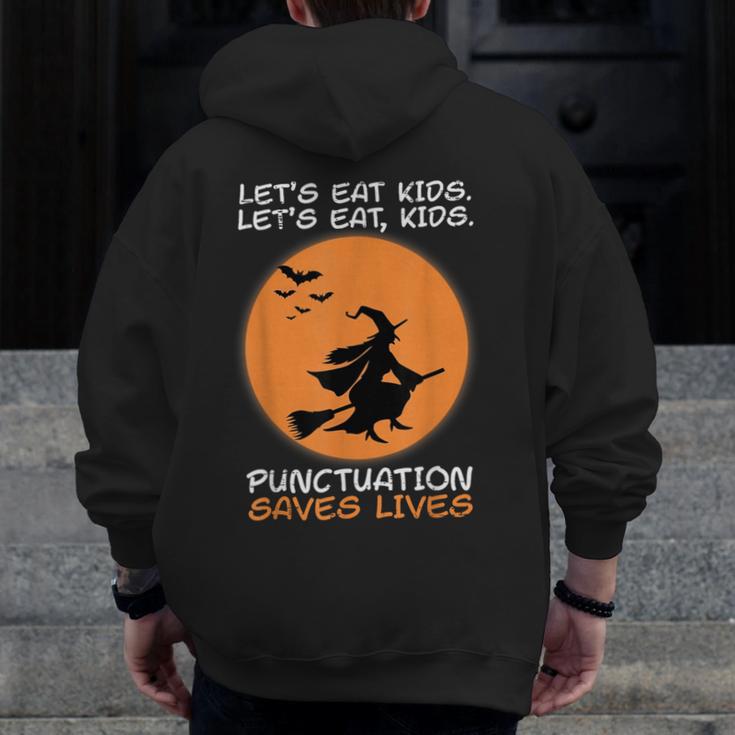 Halloween Teacher Witch Lets Eat Kids Punctuation Men Zip Up Hoodie Back Print, funny design Halloween Teacher Witch Lets Eat Kids Punctuation Men Zip Up Hoodie Back Print, funny design