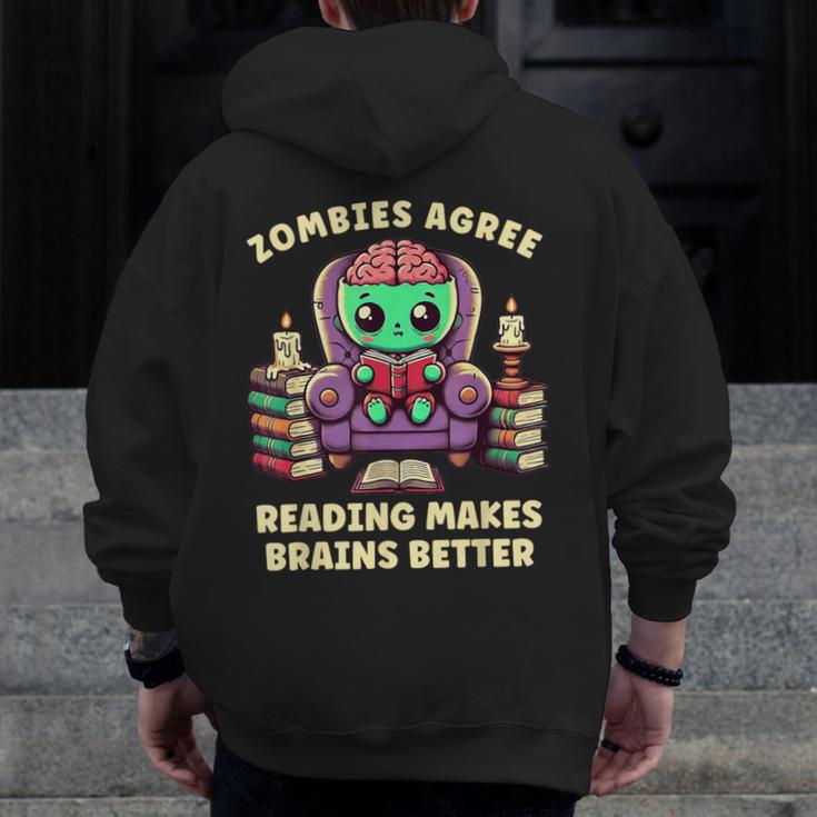 Halloween Teacher Zombie Reading Is Good For Brains Men Zip Up Hoodie Back Print, funny design