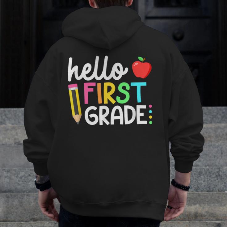 Hello First Grade Team 1st Grade Back To School Teacher Kids Men Zip Up Hoodie Back Print, First Grade Teacher Gifts, funny design Hello First Grade Team 1st Grade Back To School Teacher Kids Men Zip Up Hoodie Back Print, First Grade Teacher Gifts, funny design