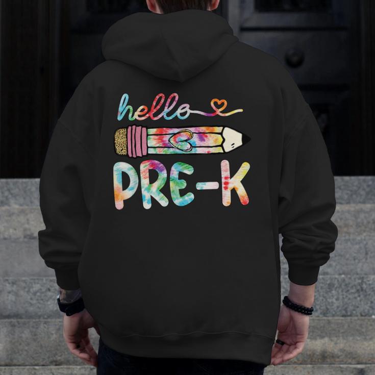 Hello Pre-K Pencil Teacher Student Tie Dye Men Zip Up Hoodie Back Print, funny design