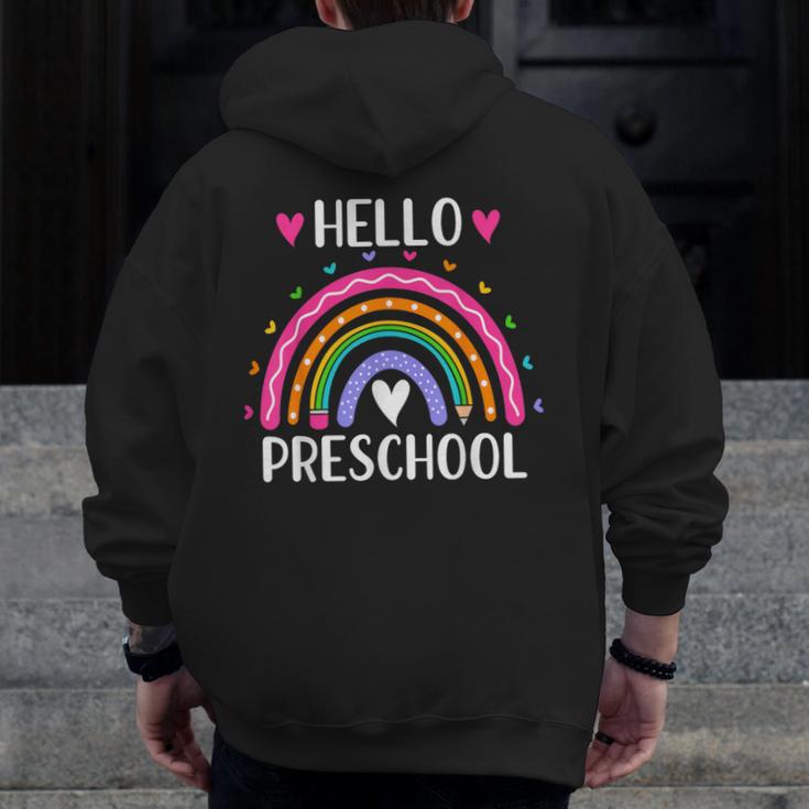 Hello Preschool Teacher Student Girls Rainbow Back To School Men Zip Up Hoodie Back Print, funny design Hello Preschool Teacher Student Girls Rainbow Back To School Men Zip Up Hoodie Back Print, funny design