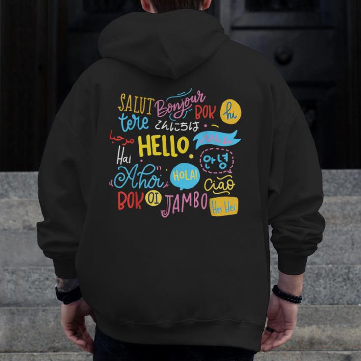 Hello Word In Different Languages Travel And Teacher Lover Men Zip Up Hoodie Back Print, funny design Hello Word In Different Languages Travel And Teacher Lover Men Zip Up Hoodie Back Print, funny design