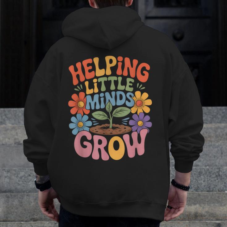 Helping Little Minds Grow Teacher First Day Back To School Men Zip Up Hoodie Back Print, funny design