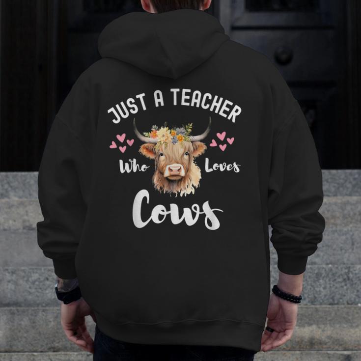 Just A Teacher Who Loves Cows Shirt Cute Highland Cow Men Zip Up Hoodie Back Print, funny design