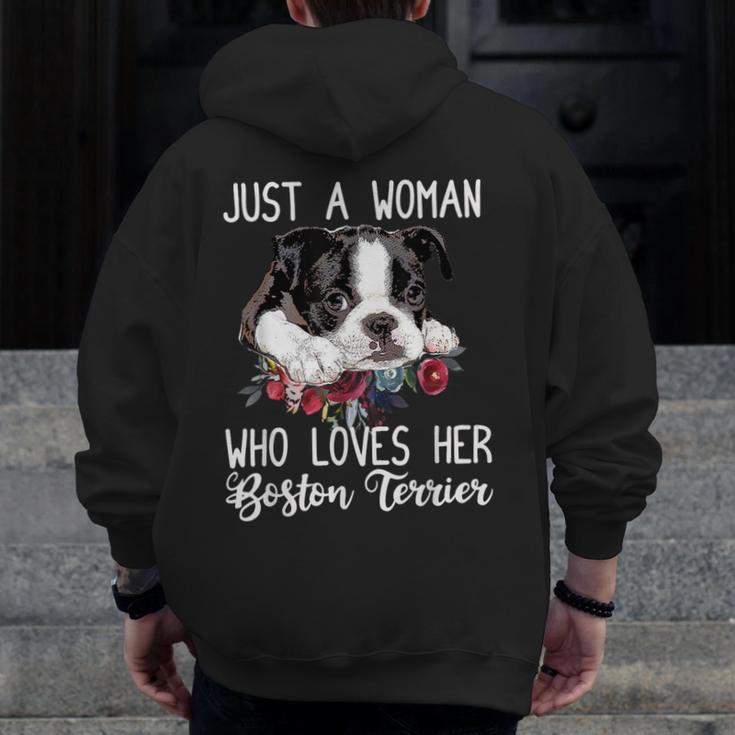 Just a Woman Who Loves Her Boston Terrier Cute Dog Mom Men Zip Up Hoodie Back Print, Couple Gifts, Mom Gifts, Boston Terrier Mom Gifts, funny design