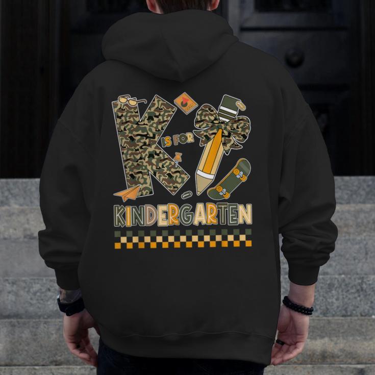 K Is For Kindergarten Teacher Coquette Bow Camo Men Zip Up Hoodie Back Print, funny design K Is For Kindergarten Teacher Coquette Bow Camo Men Zip Up Hoodie Back Print, funny design