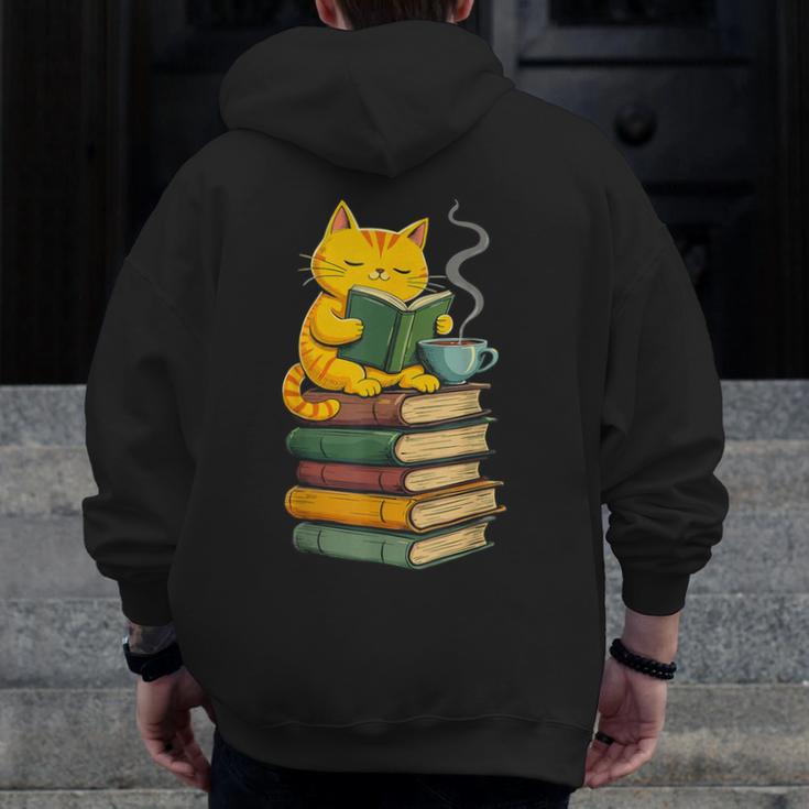 Kawaii Cats Lover Coffee Books Teacher Librarian Cat Men Zip Up Hoodie Back Print, funny design