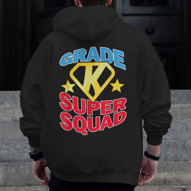 Kindergarten Super Squad Superhero Teacher Team Men Women Girls Kids Men Zip Up Hoodie Back Print, Super Teacher Gifts, funny design