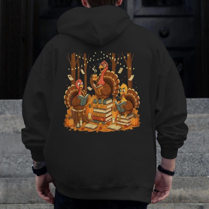 Librarian Turkey Reading Book Fall Thanksgiving Teacher Men Zip Up Hoodie Back Print, funny design