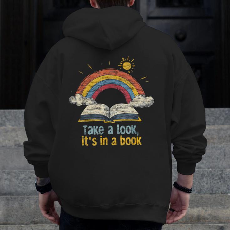 Take a Look It's In a Book Vintage Reading Teacher Rainbow Men Zip Up Hoodie Back Print, funny design