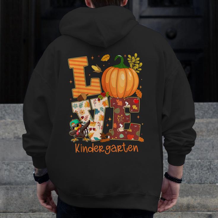 Love Kindergarten Teacher Turkey Thanksgiving Autumn Fall Men Zip Up Hoodie Back Print, funny design