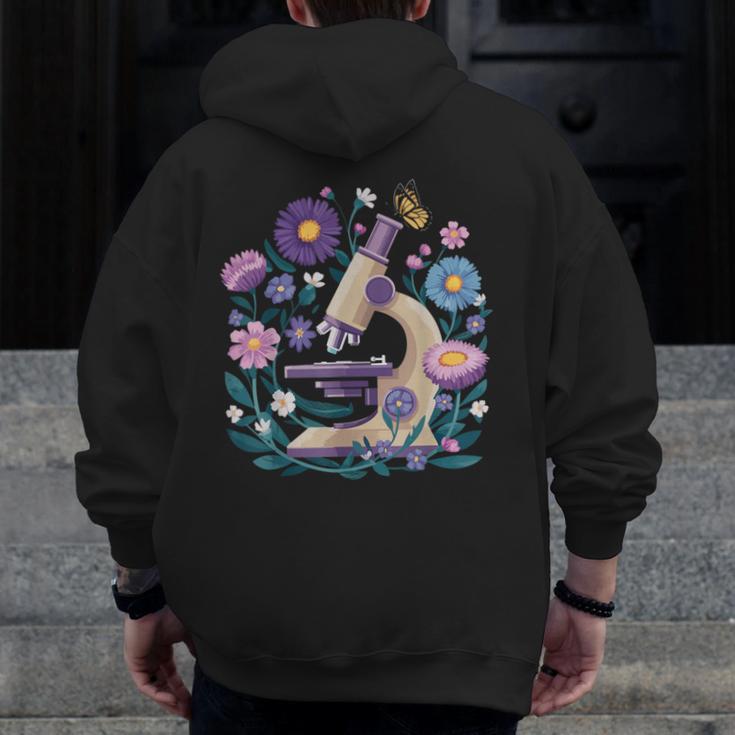 Microscope Flower Butterfly Biology Science Teacher Student Men Zip Up Hoodie Back Print, Science Teacher Gifts, funny design