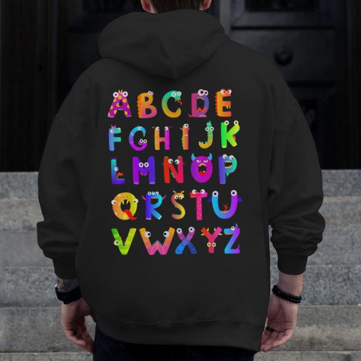 Monster ABC Cute Alphabet Halloween Teacher Costume Kids Men Zip Up Hoodie Back Print, funny design Monster ABC Cute Alphabet Halloween Teacher Costume Kids Men Zip Up Hoodie Back Print, funny design