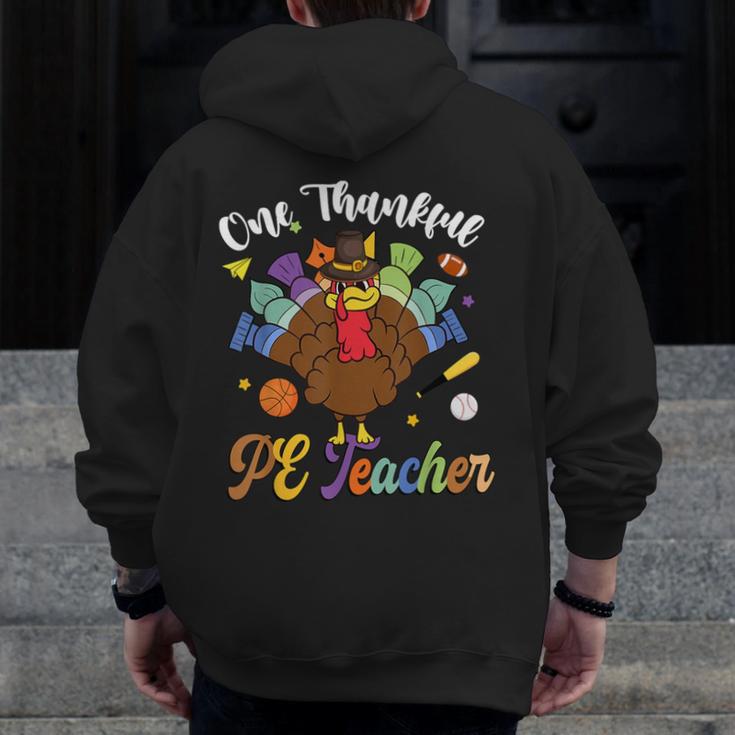 One Thankful PE Teacher Turkey Thanksgiving -Adults & Kids Classic Fit Polyester 100 Short Sleeve Men Zip Up Hoodie Back Print, Pe Teacher Gifts, funny design