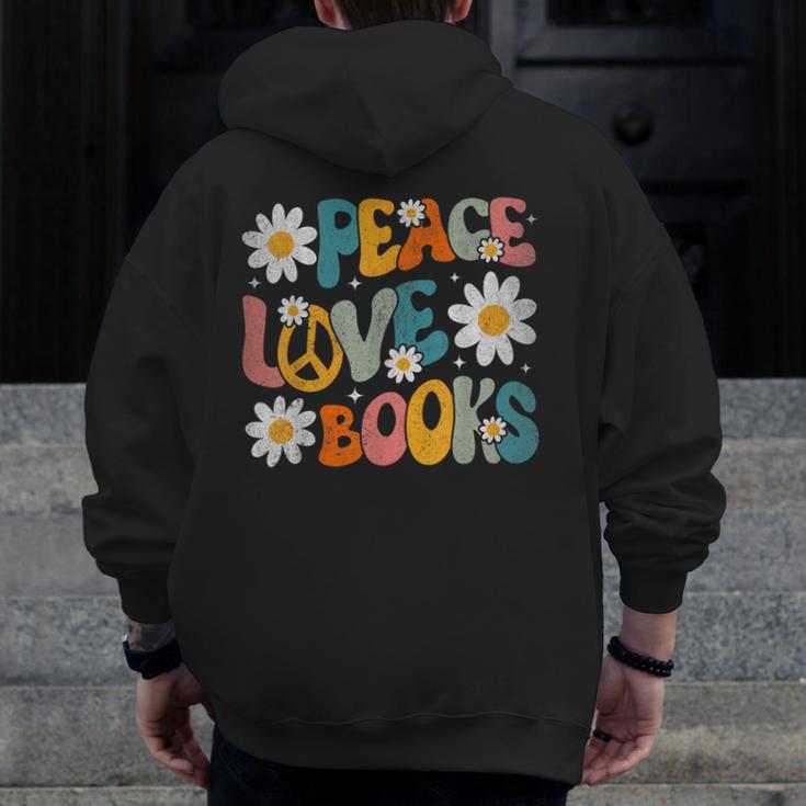 Peace Love Books Bookworm Librarian Reading Teacher Groovy Men Zip Up Hoodie Back Print, Groovy Teacher Gifts, funny design