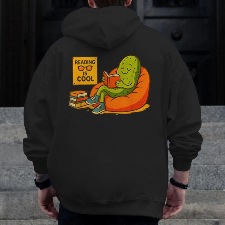 Pickle Reading Books Bookworm Teacher Librarian Kids Retro Men Zip Up Hoodie Back Print, funny design
