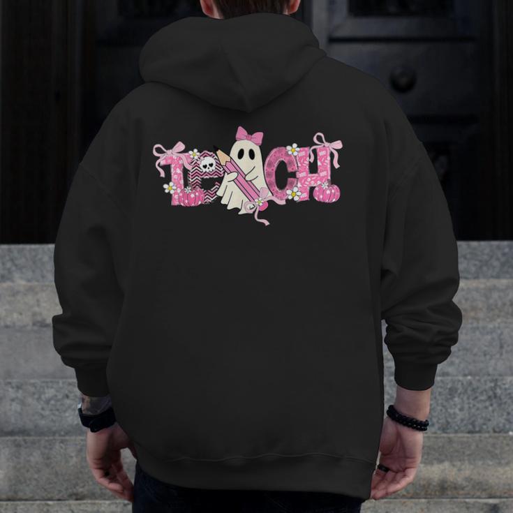 Pink Ghost Teach Halloween Teacher In Spooky Season Men Zip Up Hoodie Back Print, funny design Pink Ghost Teach Halloween Teacher In Spooky Season Men Zip Up Hoodie Back Print, funny design