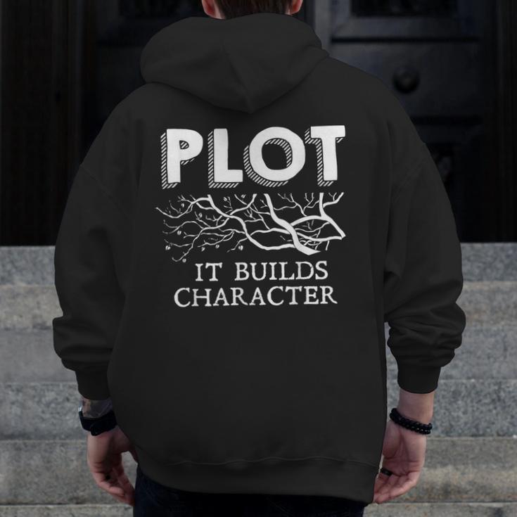 Plot It Builds Character Book Reading Teacher Men Zip Up Hoodie Back Print, funny design Plot It Builds Character Book Reading Teacher Men Zip Up Hoodie Back Print, funny design