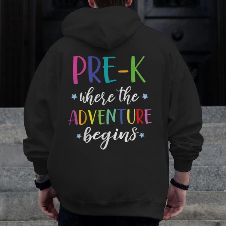 Pre-K Teacher Adventure Begins First Day Preschool Teachers Men Zip Up Hoodie Back Print, funny design
