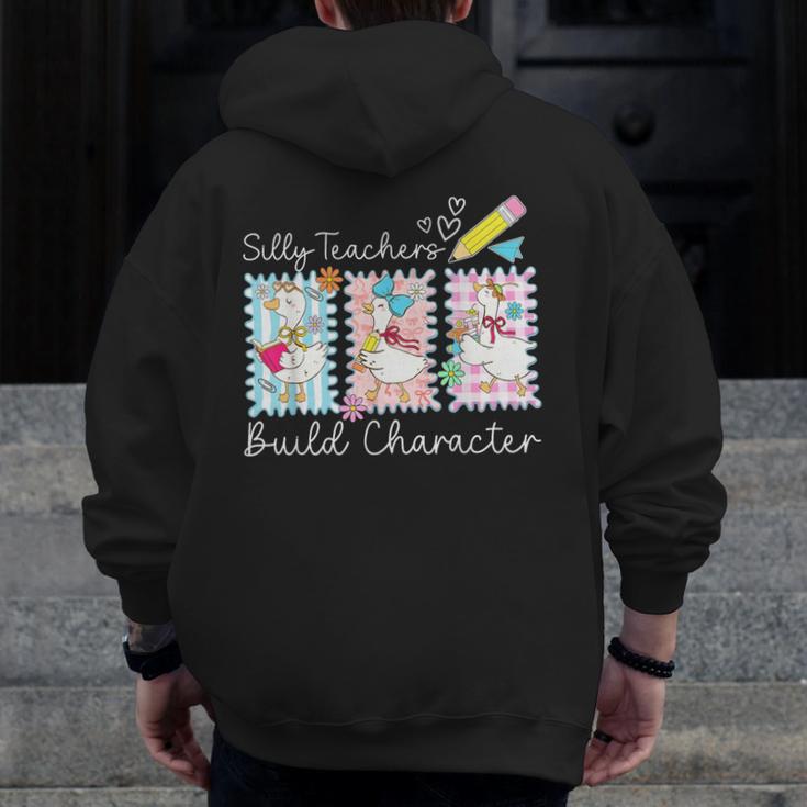 Preppy Silly Teacher Goose Build Character Back To School Men Zip Up Hoodie Back Print, funny design