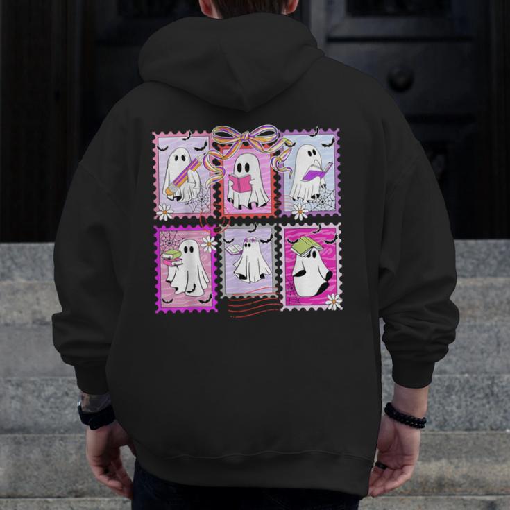 Preppy Spooky Teacher Halloween Ghost Coquette Bow Autumn Men Zip Up Hoodie Back Print, funny design Preppy Spooky Teacher Halloween Ghost Coquette Bow Autumn Men Zip Up Hoodie Back Print, funny design