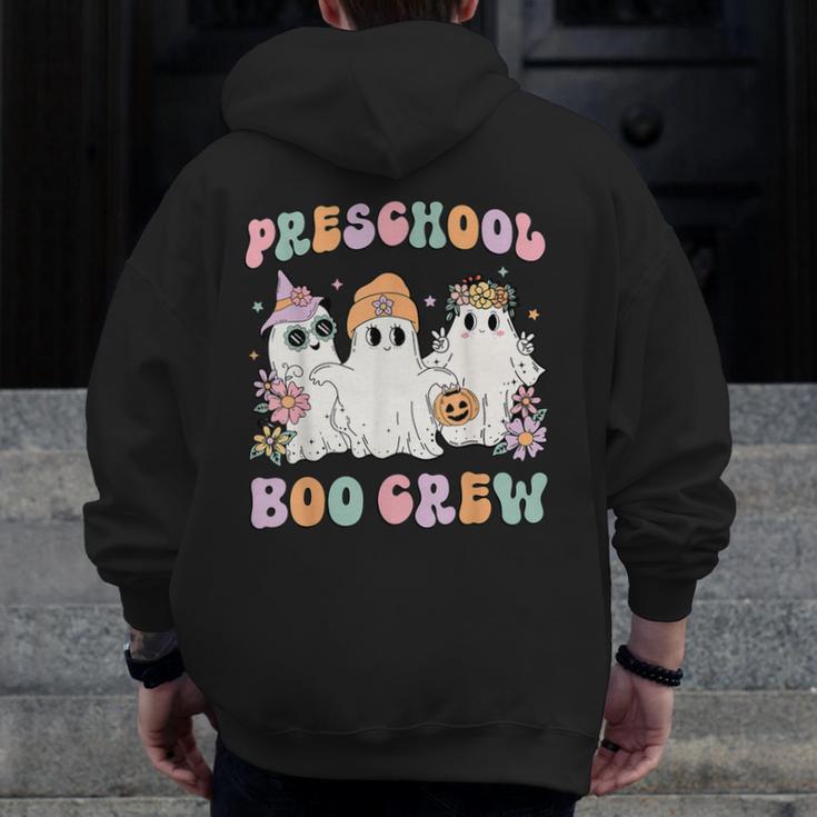 Preschool Boo Crew Groovy Halloween Floral Ghost Teacher Men Women Kids Men Zip Up Hoodie Back Print, Groovy Teacher Gifts, funny design