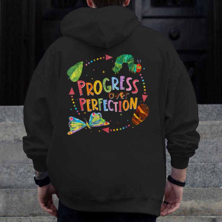 Progress Over Perfection Caterpillar Teacher Back To School Men Zip Up Hoodie Back Print, funny design Progress Over Perfection Caterpillar Teacher Back To School Men Zip Up Hoodie Back Print, funny design