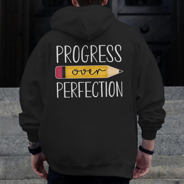 Progress Over Perfection Motivational Back To School Teacher Men Zip Up Hoodie Back Print, funny design Progress Over Perfection Motivational Back To School Teacher Men Zip Up Hoodie Back Print, funny design