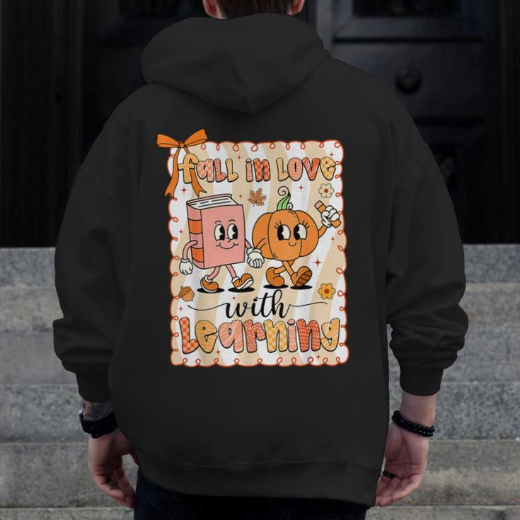 Pumpkin Teacher Preppy Fall In Love With Learning Autumn Men Zip Up Hoodie Back Print, funny design