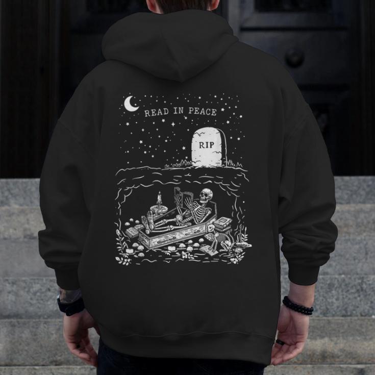 Read In Peace Skeleton Halloween Book Reading Spooky Teacher Men Zip Up Hoodie Back Print, funny design