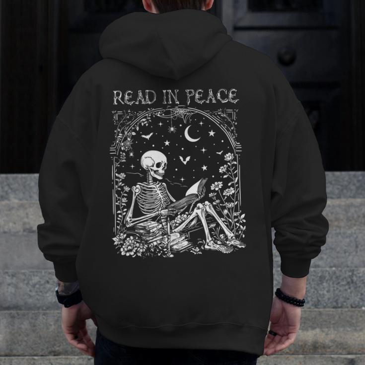 Read In Peace Skeleton Reading Teacher Spooky Halloween Men Zip Up Hoodie Back Print, funny design