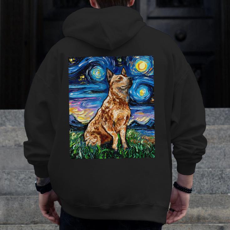 Red Heeler Starry Night Cattle Dog Colorful Art By Aja For Men Women Girls Kids Men Zip Up Hoodie Back Print, funny design