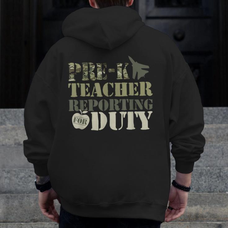 Retro Back To School Women Old Camo Pre-K Teacher Men Zip Up Hoodie Back Print, funny design