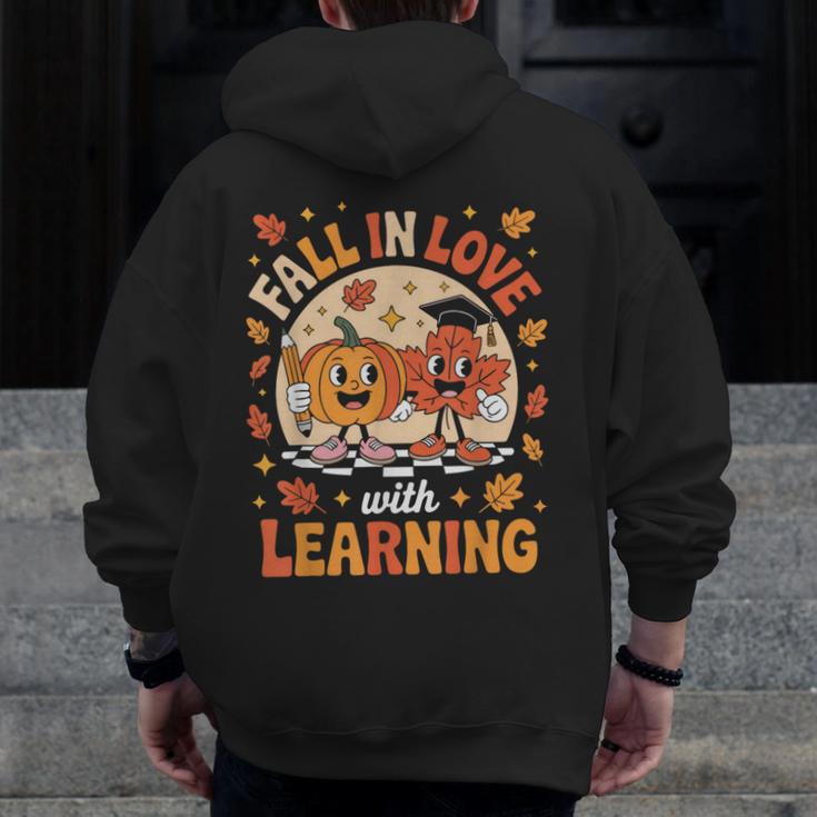 Retro Fall In Love With Learning Pumpkin Leaf Teacher Autumn Men Zip Up Hoodie Back Print, funny design Retro Fall In Love With Learning Pumpkin Leaf Teacher Autumn Men Zip Up Hoodie Back Print, funny design