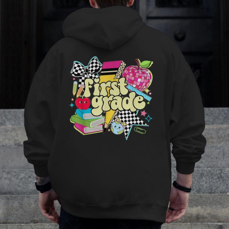 Retro First Grade Teacher Disco Ball Coquette Back To School Men Zip Up Hoodie Back Print, First Grade Teacher Gifts, funny design Retro First Grade Teacher Disco Ball Coquette Back To School Men Zip Up Hoodie Back Print, First Grade Teacher Gifts, funny design