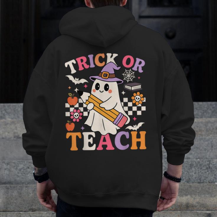 Retro Floral Ghost Trick Or Teach Groovy Teacher Halloween Men Zip Up Hoodie Back Print, Groovy Teacher Gifts, funny design