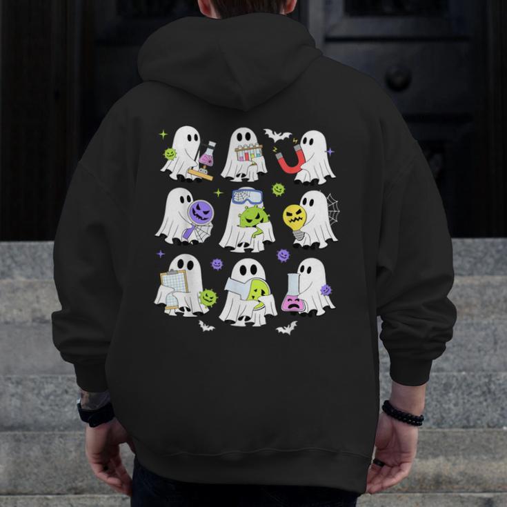 Retro Halloween Science Teacher Ghost Laboratory Teacher Men Zip Up Hoodie Back Print, Science Teacher Gifts, funny design