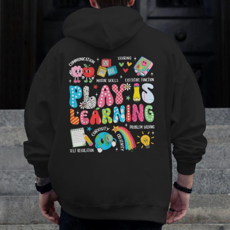 Retro Play Is Learning Kindergarten Teacher Team Women Men Zip Up Hoodie Back Print, funny design
